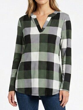 Casual Boho Dokotoo Olive Green Buffalo Plaid Pullover Top Size XL